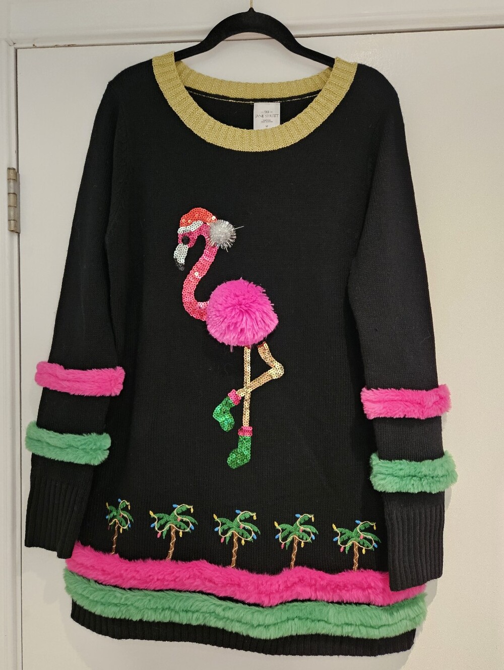 99 Jane Street Ugly Christmas Sweater Tunic Flamingo Palm Trees Womens Medium